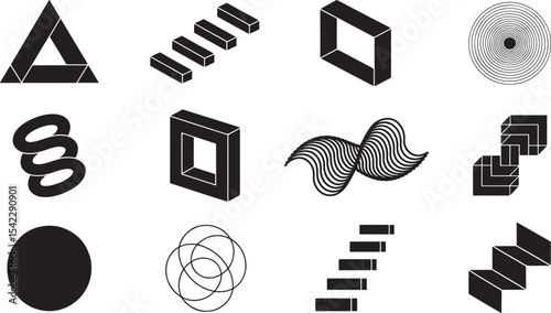 Ten Abstract Black Silhouettes Geometric Shapes Vector Set Isometric Minimalist Style Graphic Design Elements