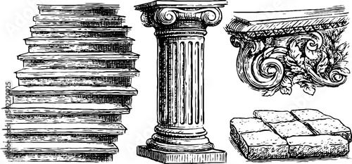 Architectural elements: staircase, column, and decorative design