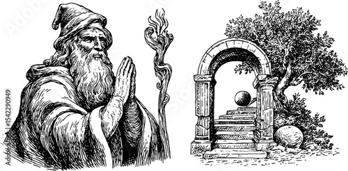 Mystical tarot and rune illustration featuring wizard and ancient portal design