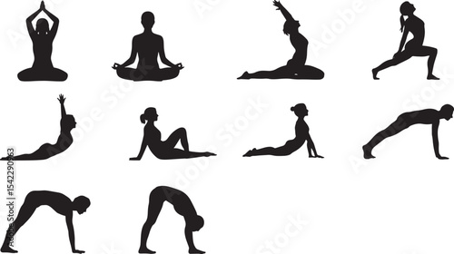 Nine Black Silhouettes of Women and One Man Performing Various Yoga Poses on White Background vector