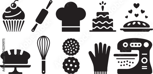 Ten Black Silhouette Baking Icons Set Cupcake Cake Pie Cookies Whisk Rolling Pin Oven Mitt Chef Hat Stand Mixer