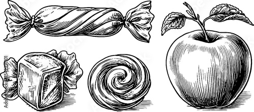 Vintage sweets and fruits collection: candy stick, wrapped toffee, and apple illustration
