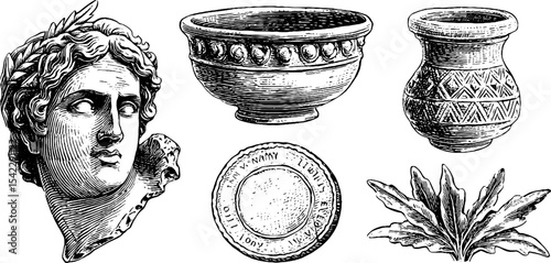 Stylized minerva coin and ancient artifacts with jagged edges for historical design