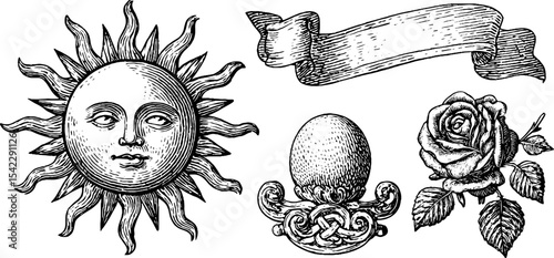 Egyptian revival sun motif with elegant banner and ornate elements for design