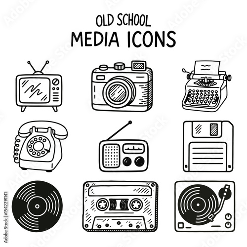 Hand Drawn Old School Media Icons Collection in Black and White