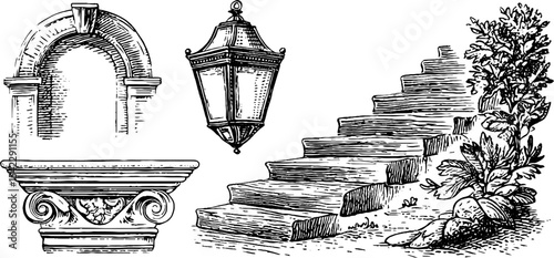 Architectural elements: swiss chalet staircase and italian palazzo with lantern and arch