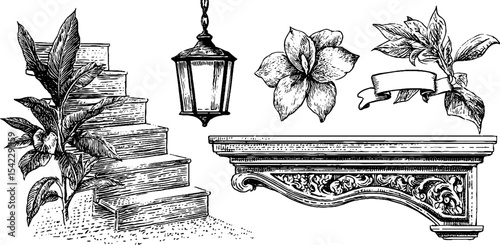 Vintage architectural elements: swiss chalet stair tread and italian palazzo decor for classic design