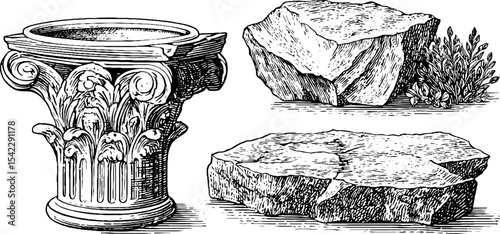 Ancient symbolic runes and intricate column artwork for historical design