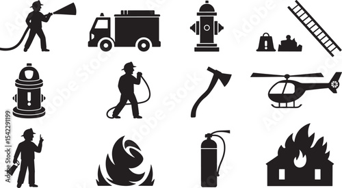 Ten Black Silhouette Illustrations Firefighter Equipment Firetruck Fire Hydrant Axe Helicopter Ladder Flame House