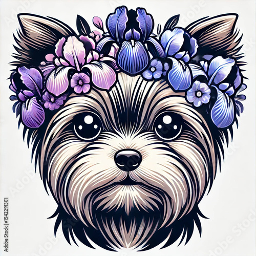 Cute Yorkshire Terrier in iris flower wreath. Tattoo style dog illustration. Perfect for prints and design.