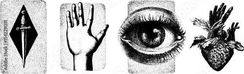 Intriguing tarot symbols featuring hand, eye, and heart designs for mystical themes
