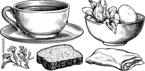Vintage tea set with metal cup, rye bread slice, and floral decorations for rustic kitchen decor
