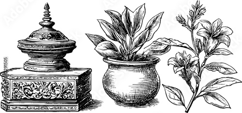 Tibetan stupa model and gothic relic with botanical elements for cultural design themes
