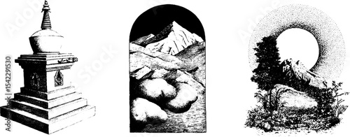 Tibetan stupa and cloud motif design with mountain scenery for cultural artwork