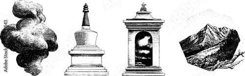 Traditional tibetan stupas and cloud motif with mountain scene for cultural design