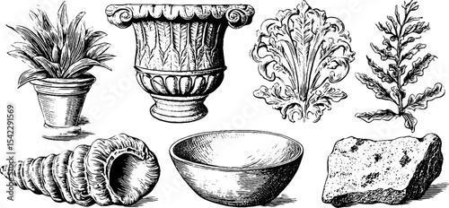 Linework tiled carving set with weathered botanical and ornamental designs