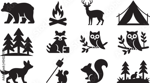 Ten Black Silhouette Vector Icons of Wildlife and Camping Elements bear deer