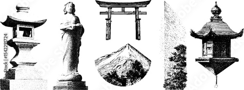 Traditional japanese elements: torii gate, lanterns, and mount fuji for cultural design