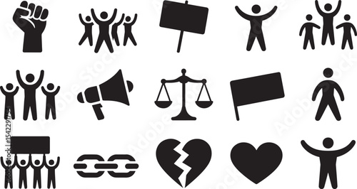 Ten Black Silhouette Vector Icons Set People Protest Demonstration Justice Love Unity