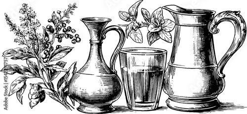 Tudor era honey wine and renaissance cordial set with floral and herb motifs