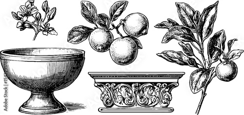Vintage tuscan fruit and gothic cross finial elements for design and decor