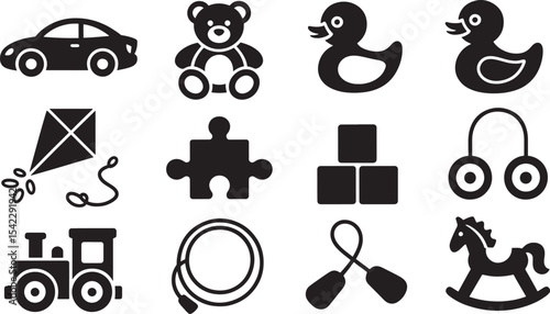Ten Black Silhouette Vector Illustrations of Childrens Toys Car Teddy Bear Ducks Kite Puzzle Blocks Jump Rope