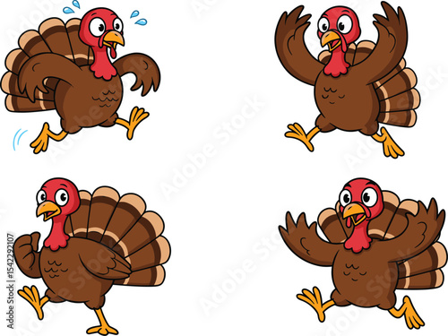 Funny Cartoon Turkeys in Various Running and Scared Poses, Ideal for Thanksgiving and Humorous Holiday Illustrations
