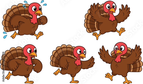 Humorous Cartoon Turkeys in Various Dynamic Poses, Including Running and Expressing Fear, Perfect for Thanksgiving and Autumn Designs