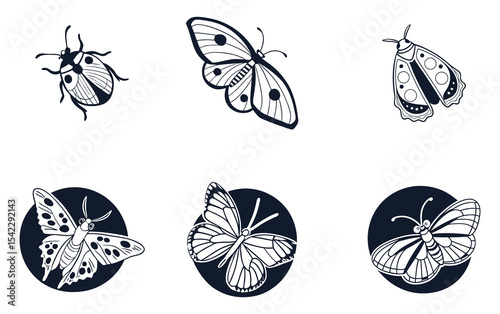 Collection of Black and White Butterfly Illustrations for Design