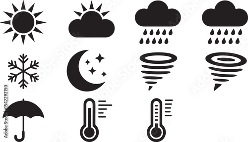 Ten Black Silhouette Vector Weather Icons Sun Cloud Rain Snow Moon Tornado Thermometer Umbrella Stars
