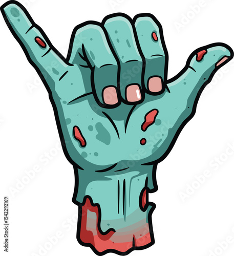 Spooky Zombie Hand Showing Shaka "Hang Loose" Gesture with Blood and Exposed Bone, Ideal for Halloween and Horror Designs