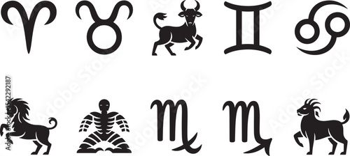 Ten Black Silhouette Zodiac Icons Aries Taurus Gemini Cancer Leo Virgo Libra Scorpio Sagittarius Capricorn
