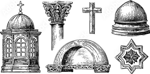 Vintage victorian bay window and byzantine cross collection for design projects
