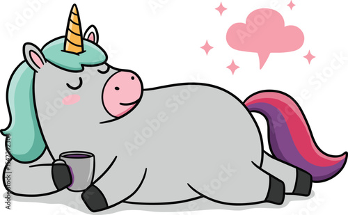 Adorable Lazy Unicorn Lying Down and Drinking Coffee, Perfect for Relaxing, Magical, and Whimsical Designs