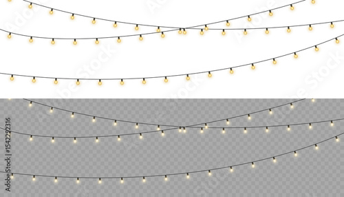 Shiny garland outlines New Year banner. Circle of light forms magical border. Soft yellow bulbs hang on thread. Twilight glow fills joyful evening sky. 