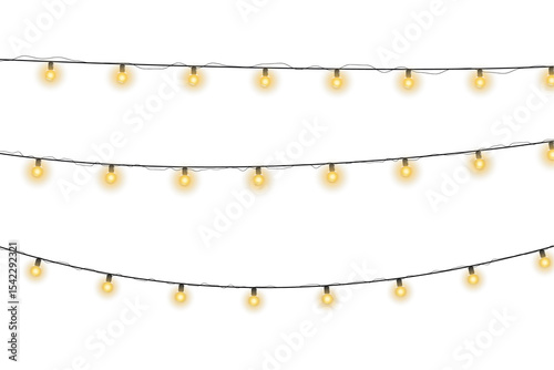 Twinkling fairy lights glow in soft amber. Golden garland loops around festive corner. Warm bulbs dangle on celebration wire. Holiday sparkle brightens the dark scene.