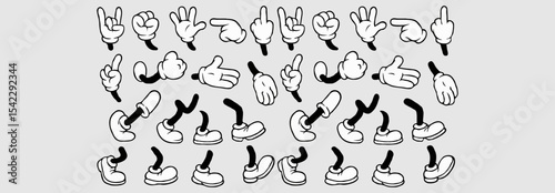 Retro cartoon legs and hands, Hands with gloves and feet with boots, various poses for characters, a set of poses, gestures, placement of hands and feet. Mascot character set. Cartoon set of limbs.eps