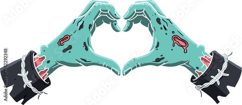 Zombie Hands Forming a Heart Shape with Barbed Wire and Blood, Ideal for Halloween and Horror Concepts