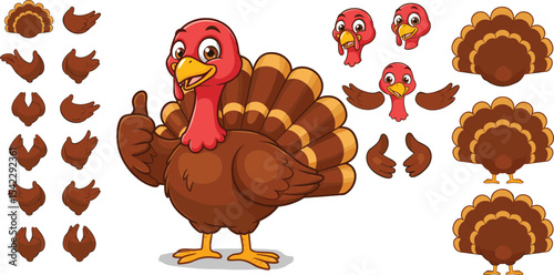 Cartoon Turkey Character Creation Kit with Various Heads, Wings, and Tail Feathers for Thanksgiving and Holiday Designs