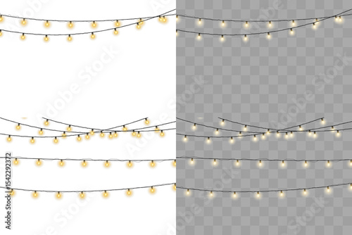 Shiny garland outlines New Year banner. Circle of light forms magical border. Soft yellow bulbs hang on thread. Twilight glow fills joyful evening sky. 
