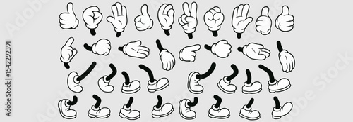 Retro cartoon legs and hands, Hands with gloves and feet with boots, various poses for characters, a set of poses, gestures, placement of hands and feet. Mascot character set. Cartoon set of limbs.eps
