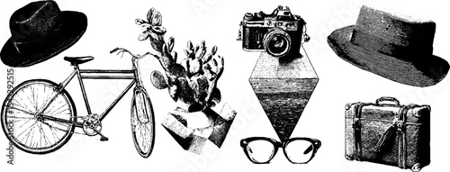 Vintage bicycle, hat, and camera set for retro themed design projects
