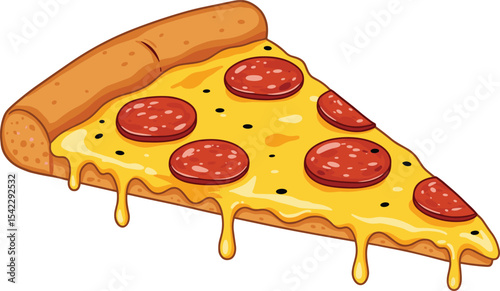 Delicious Pizza Slice with Melted Cheese and Pepperoni, Cartoon Illustration of a Classic Italian Food Favorite