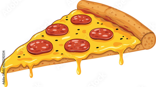 Delicious Pizza Slice with Melted Cheese and Pepperoni, Cartoon Illustration of a Classic Italian Food Favorite with Dripping Cheese