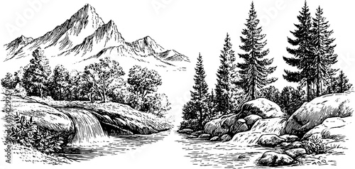 Volcanic mountain and pine forest landscape with waterfall
