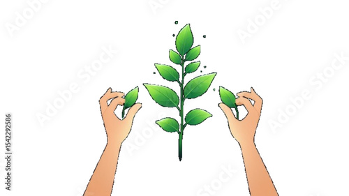 Glowing Hand hold a leaf of the plant icon animation on black color background.
