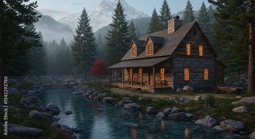 Obraz premium Cabin by a clear mountain stream