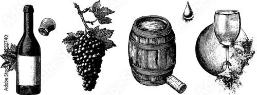 Vintage winery collection: grape bunch, wine bottle, barrel, glass, and cork design