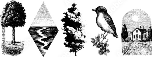 Woodcut collection featuring tree, wave, bird, and rustic house design elements