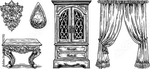 Elegant home decor elements featuring wooden fleur panel, brass teardrop, and ornate furniture